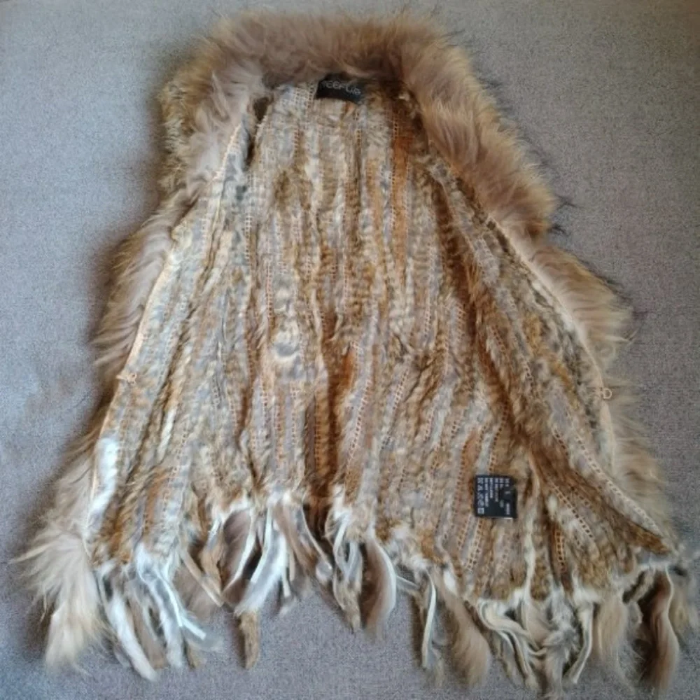 Meefur Rabbit Raccoon Hair Fur Vest Womens L Brown Long Fringe Twilight Victoria - Picture 11 of 15